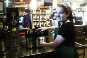 Student working at Starbucks